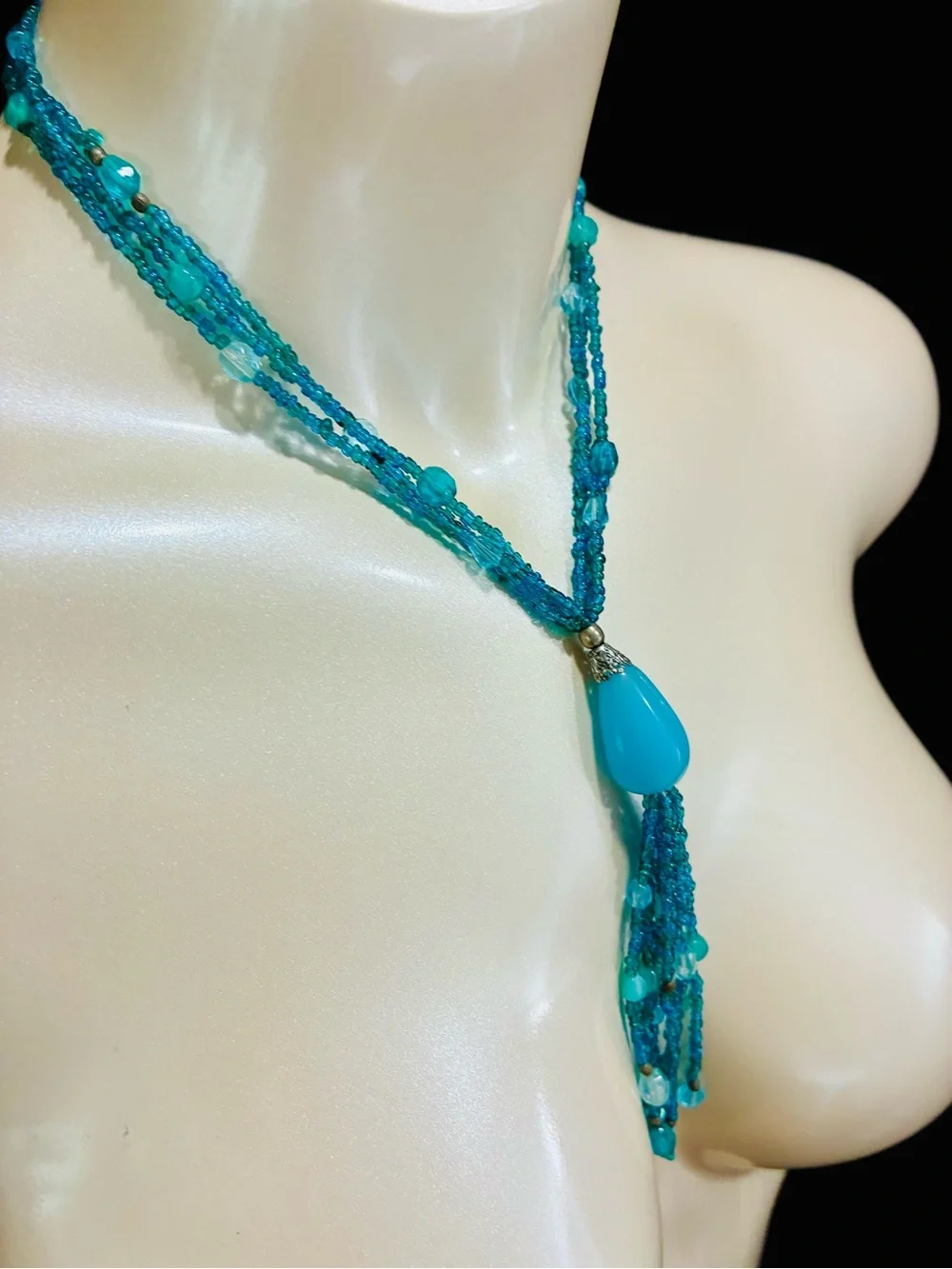 Aqua Blue Multi-Strand Tassel Necklace with Teardrop Pendant - Women Jewelry